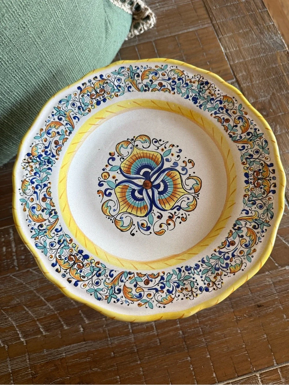 Hand Painted Italian Majolica Plate on Cobalt Blue Glass Pedestal Stand